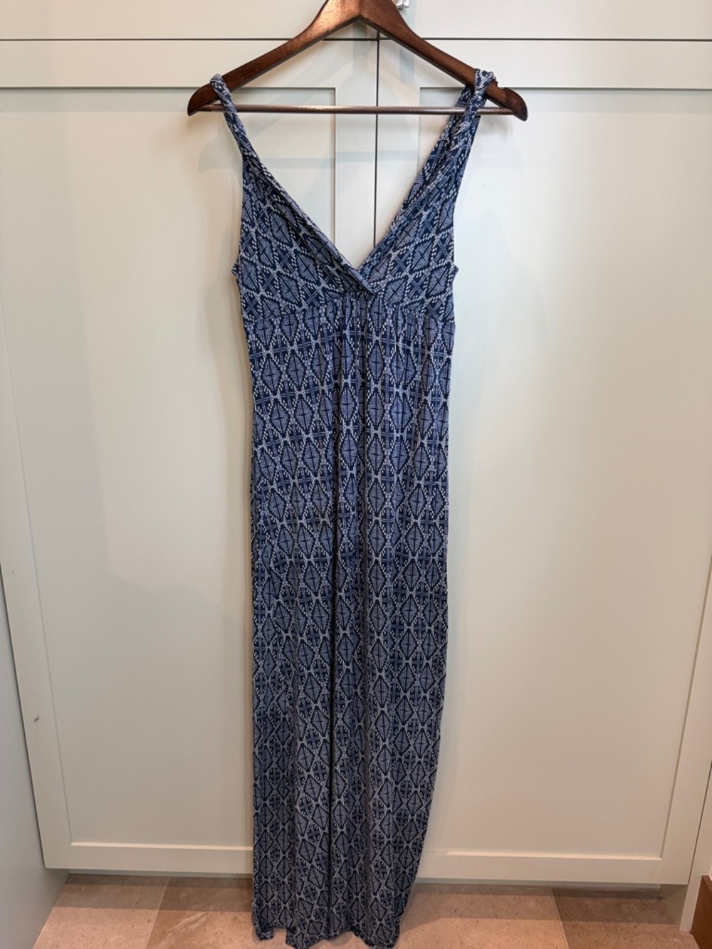 Blue Patterned V-Neck Maxi Dress